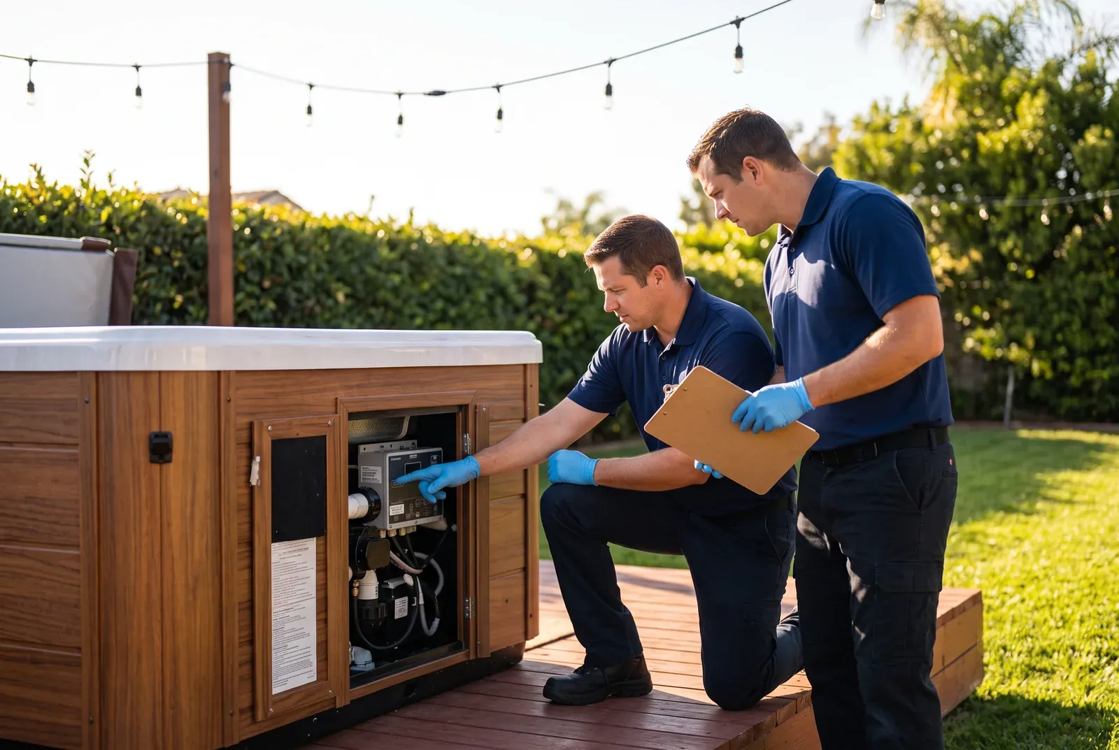 Two San Diego Hot Tub Repair technicians checking the control pack of an above-ground hot tub in a backyard