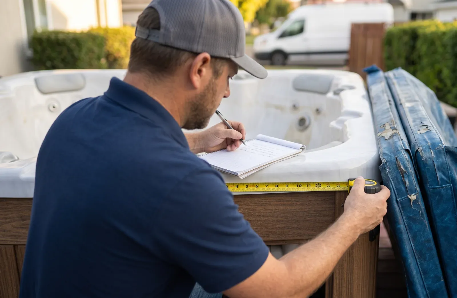 Technician measuring an above-ground hot tub for a custom cover, old weathered cover leaning nearby