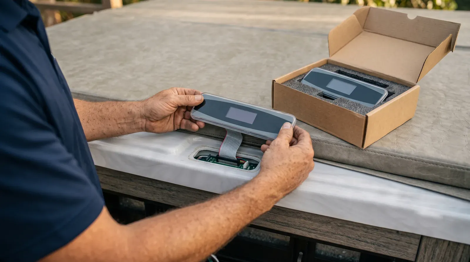 Technician installing a new topside control panel on an above-ground hot tub, replacement panel in box nearby