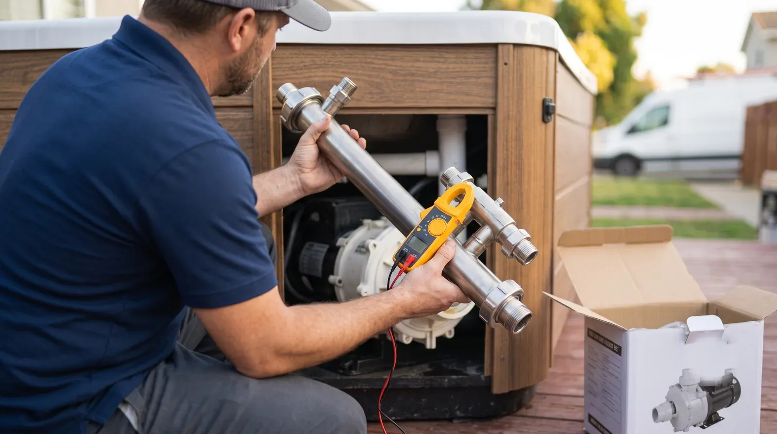 Technician inspecting a stainless hot tub heater assembly with a multimeter at the equipment bay