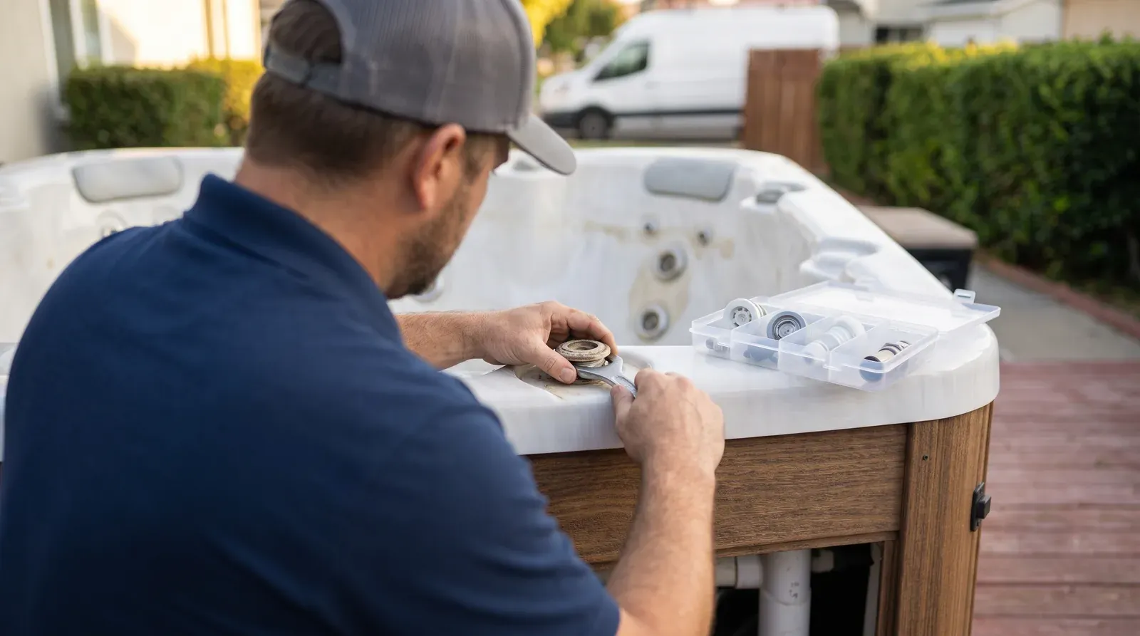 Technician replacing a jet in an above-ground hot tub shell with new jet internals in a parts tray