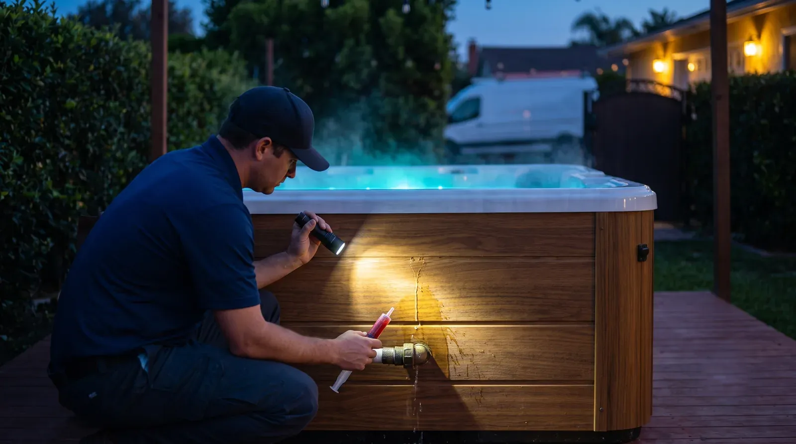 Technician dye-testing an above-ground hot tub cabinet for leaks at dusk