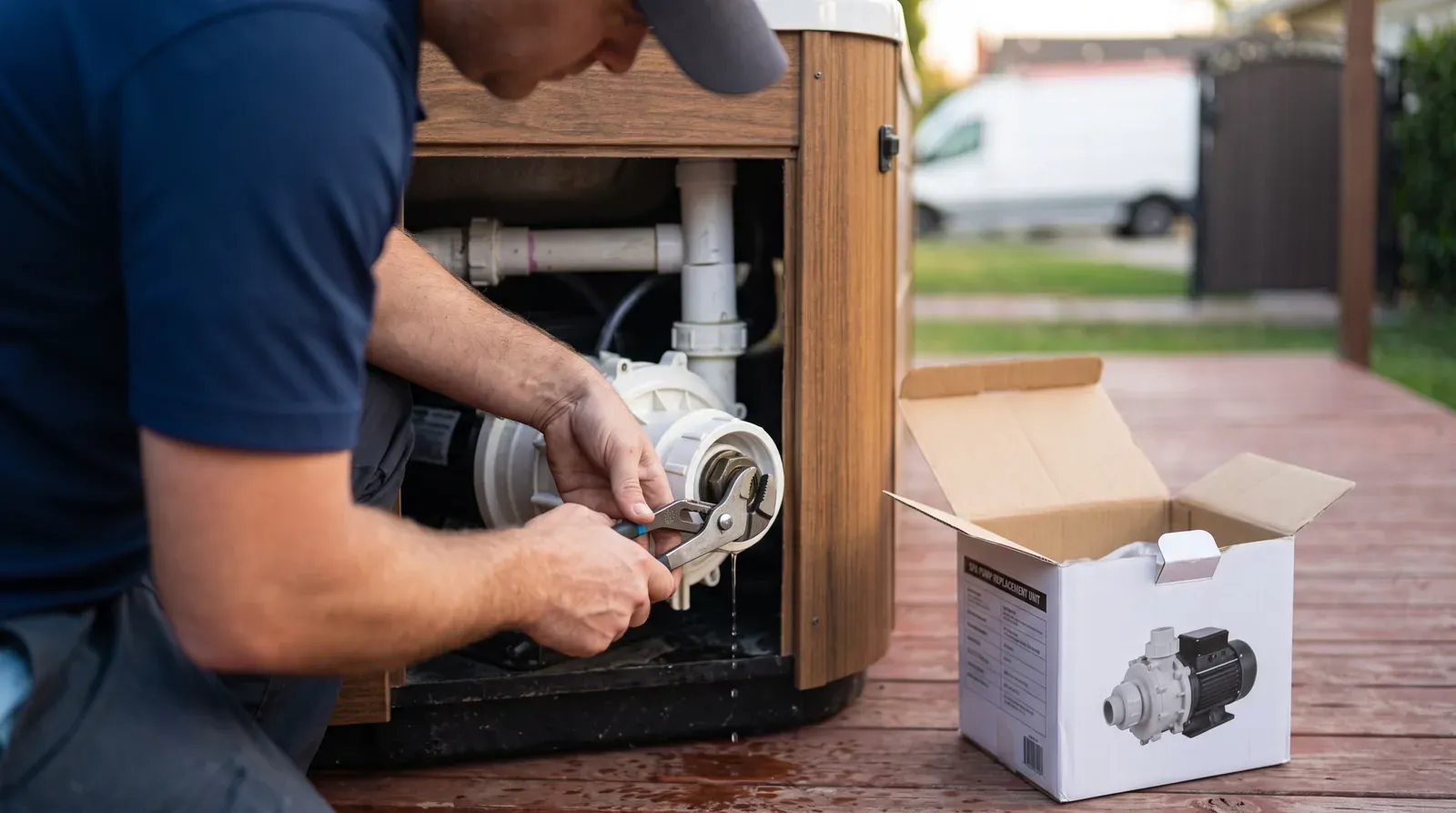 Technician replacing the wet end of an above-ground hot tub pump, new pump in box beside the cabinet