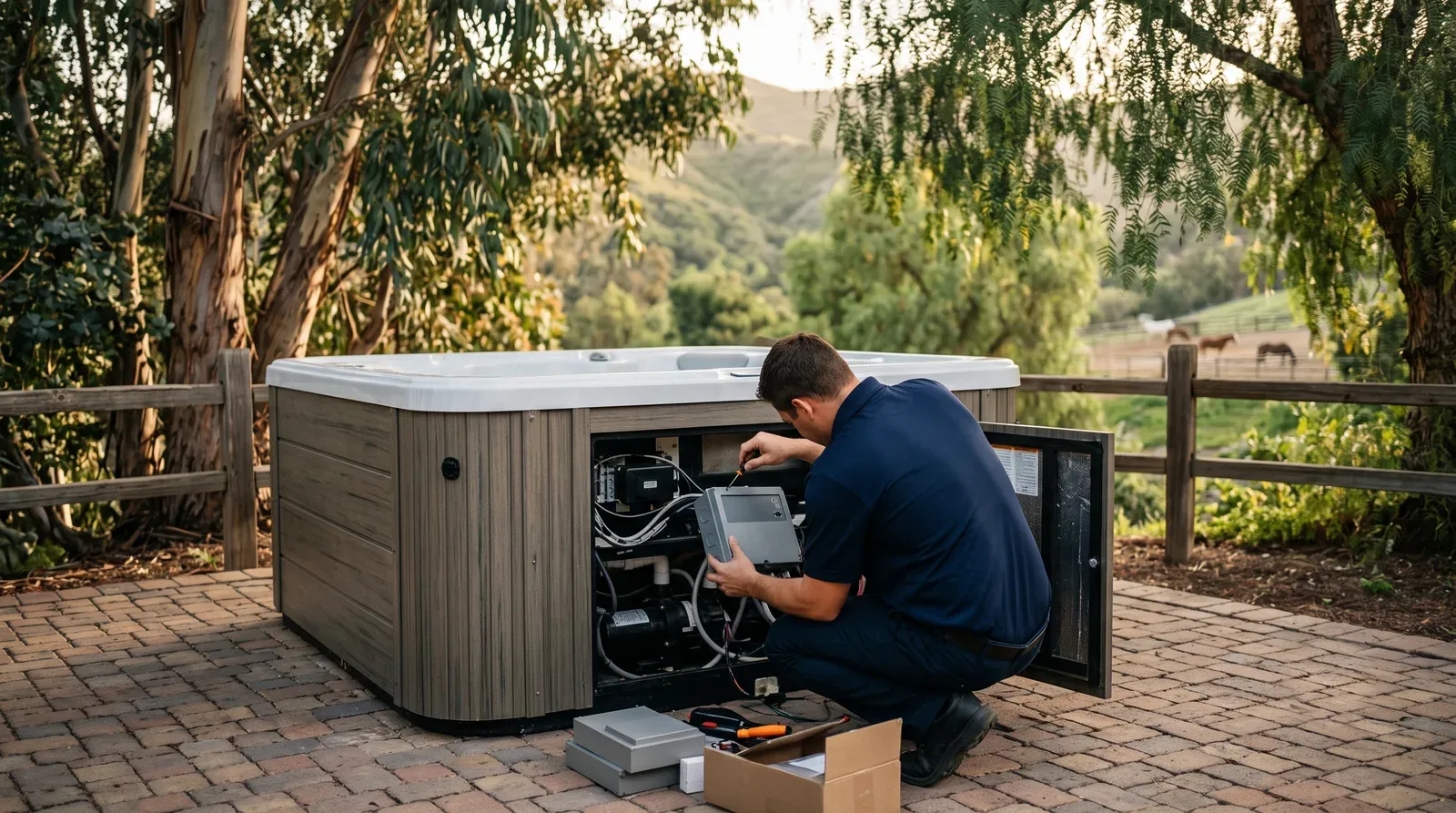Technician servicing the control box inside the equipment bay of an above-ground hot tub