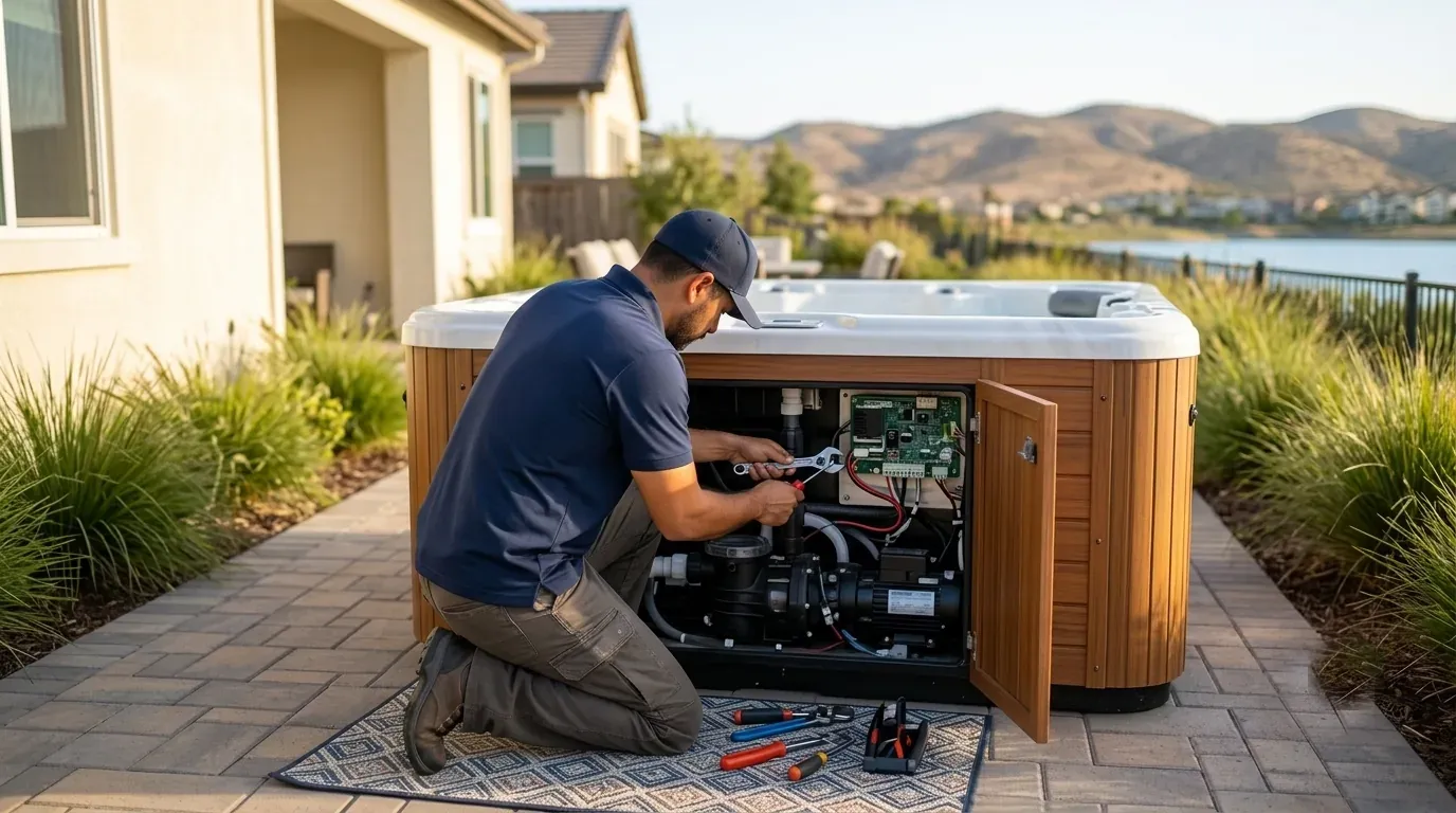 Above-ground hot tub repair in Carlsbad, CA — technician servicing a spa on site