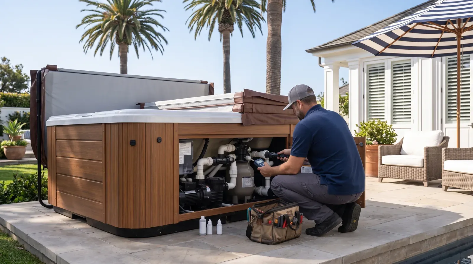 Above-ground hot tub repair in Coronado, CA — technician servicing a spa on site
