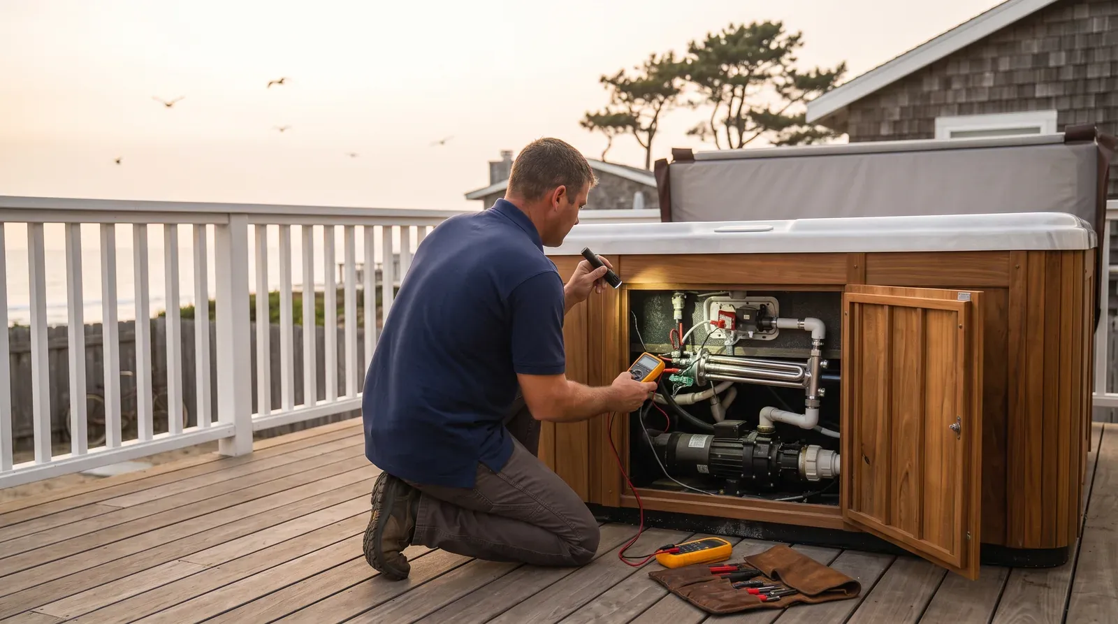 Above-ground hot tub repair in Del Mar, CA — technician servicing a spa on site