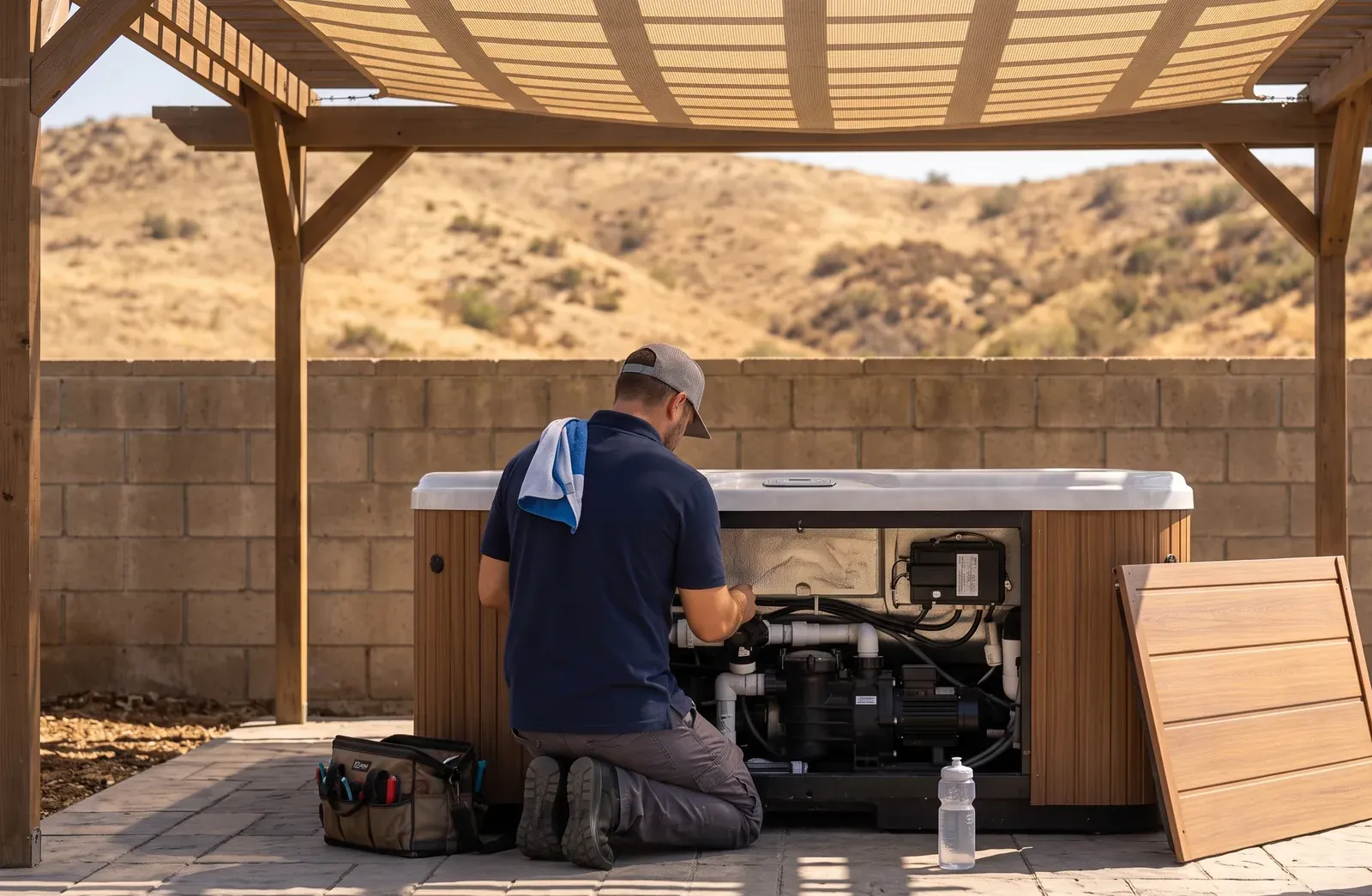 Above-ground hot tub repair in Rancho San Diego, CA — technician servicing a spa on site