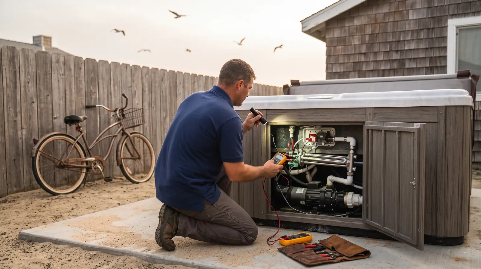 Above-ground hot tub repair in Imperial Beach, CA — technician servicing a spa on site