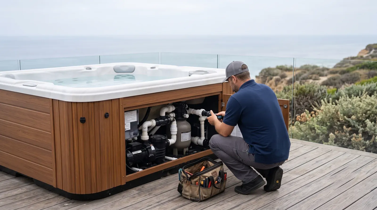 Above-ground hot tub repair in La Jolla, CA — technician servicing a spa on site