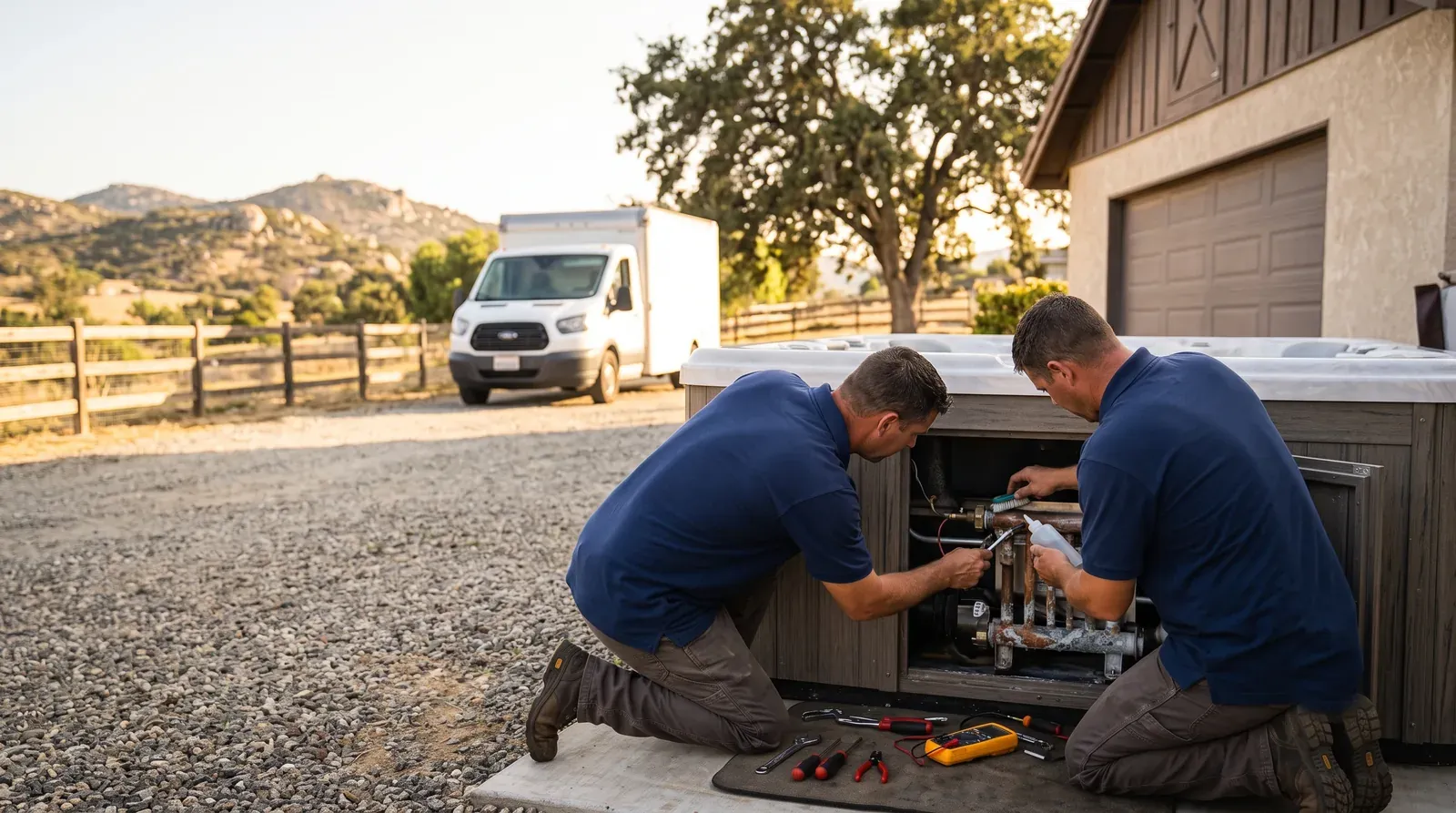 Above-ground hot tub repair in Lakeside, CA — technician servicing a spa on site