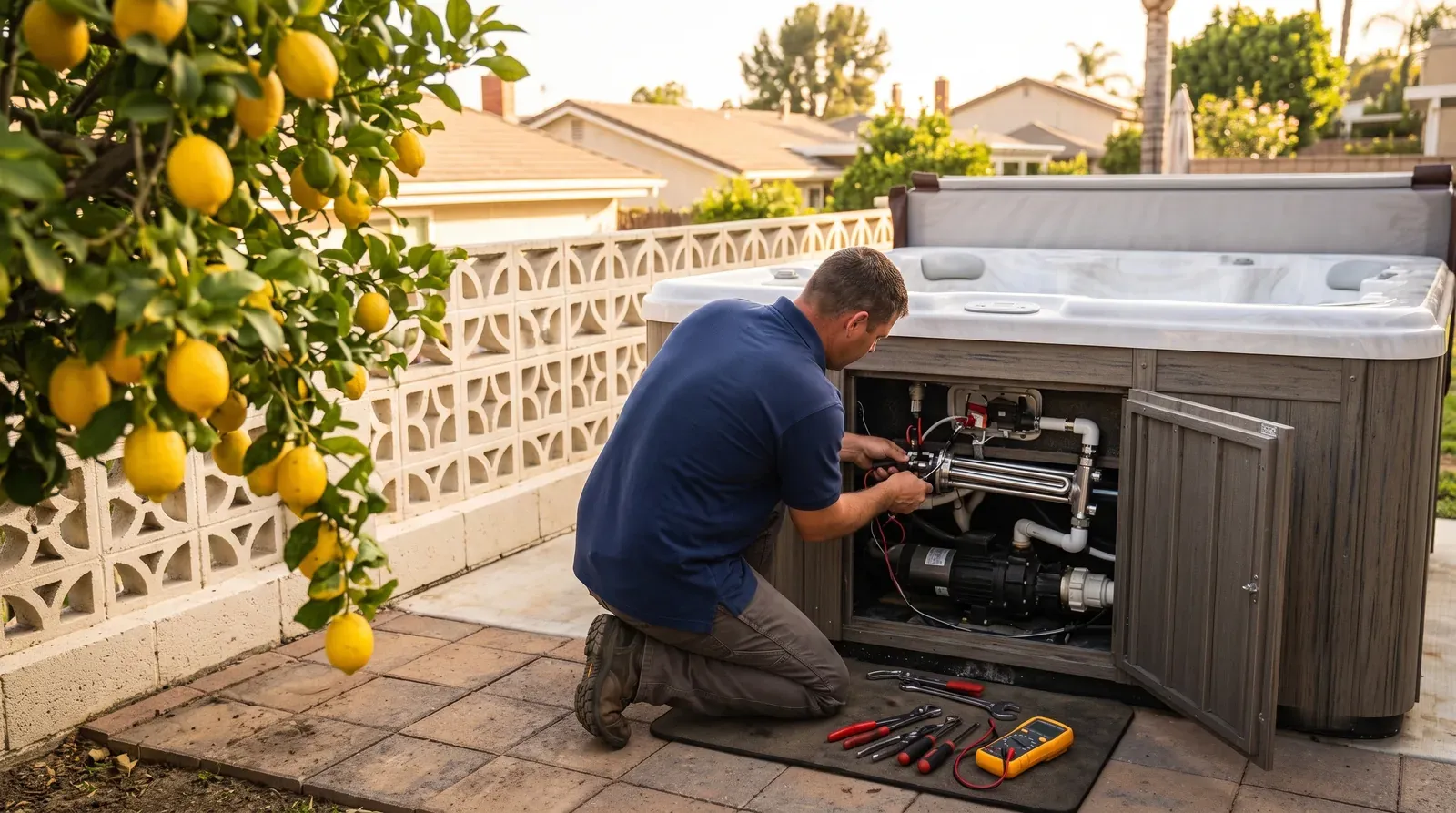 Above-ground hot tub repair in Lemon Grove, CA — technician servicing a spa on site