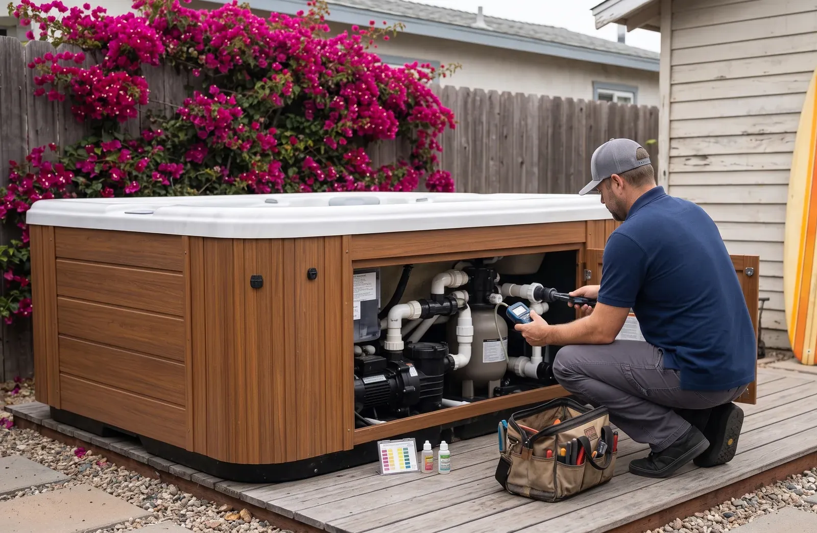 Above-ground hot tub repair in Solana Beach, CA — technician servicing a spa on site