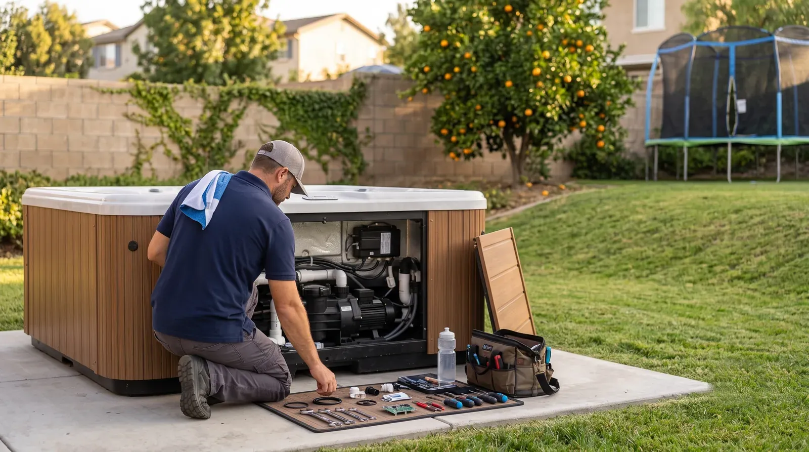 Above-ground hot tub repair in Vista, CA — technician servicing a spa on site