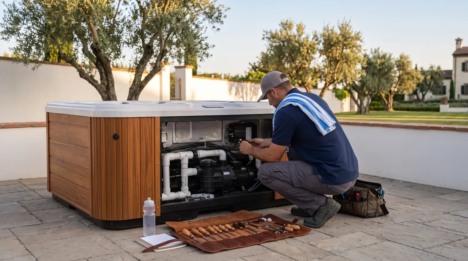 Above-ground hot tub repair in Fairbanks Ranch, CA — technician servicing a spa on site