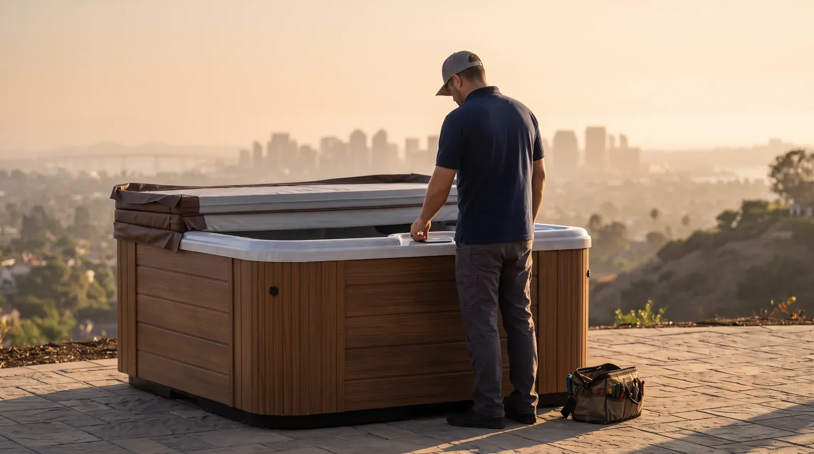 Above-ground hot tub repair in San Diego, CA — technician servicing a spa on site