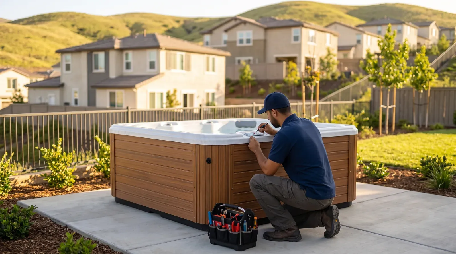 Above-ground hot tub repair in San Marcos, CA — technician servicing a spa on site