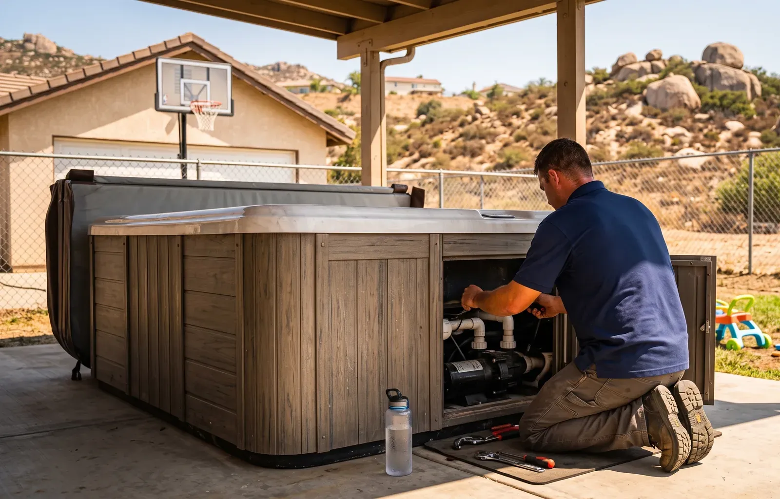 Above-ground hot tub repair in Santee, CA — technician servicing a spa on site