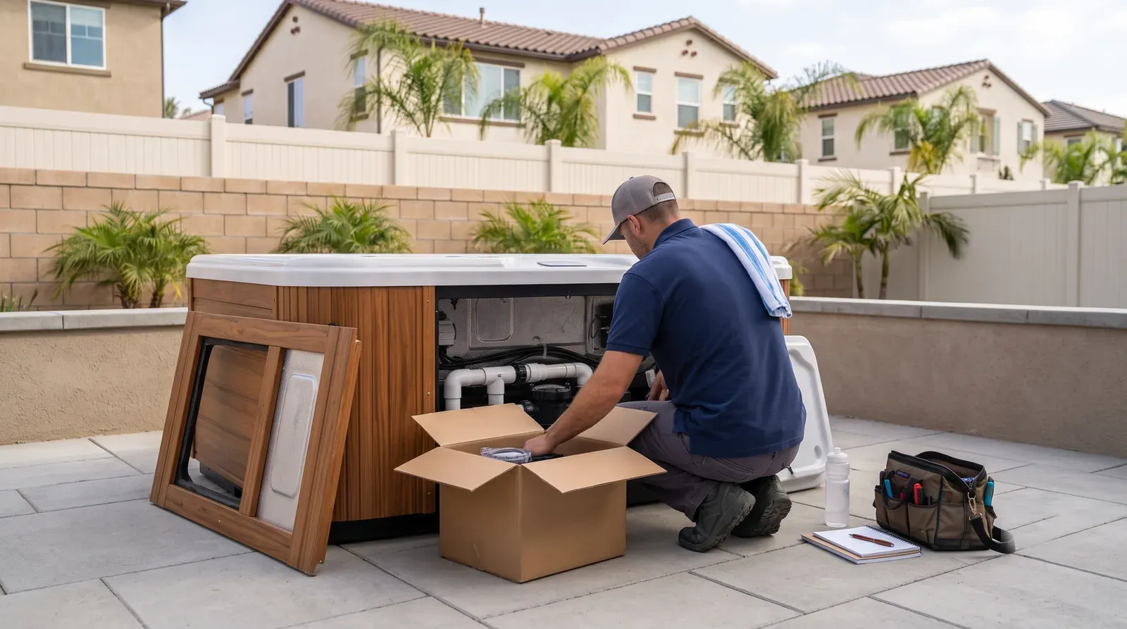 Above-ground hot tub repair in National City, CA — technician servicing a spa on site