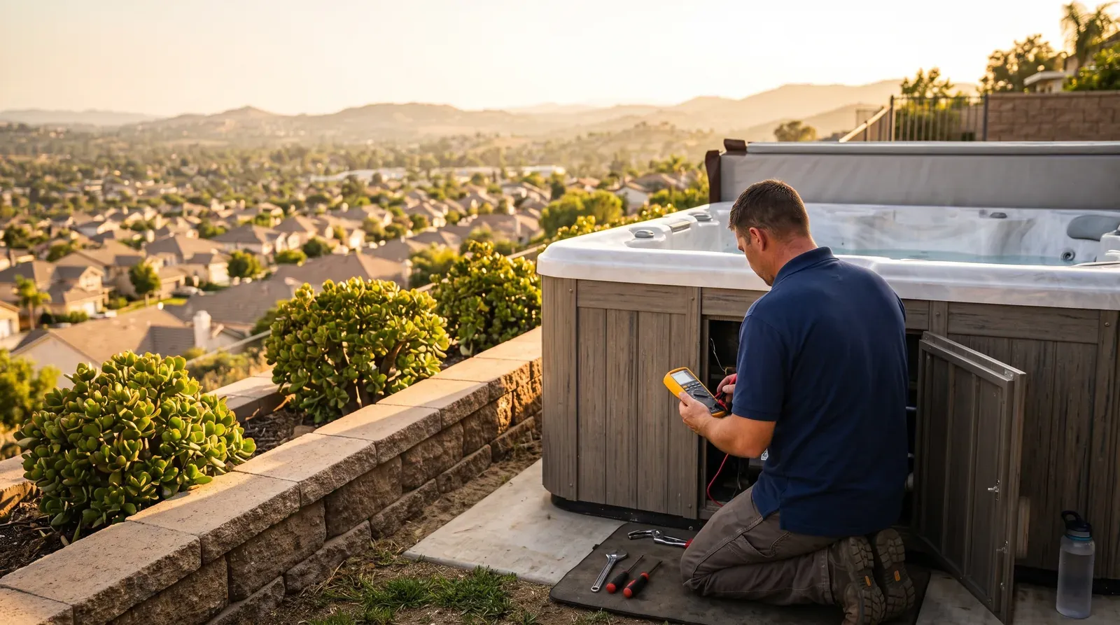 Above-ground hot tub repair in Spring Valley, CA — technician servicing a spa on site
