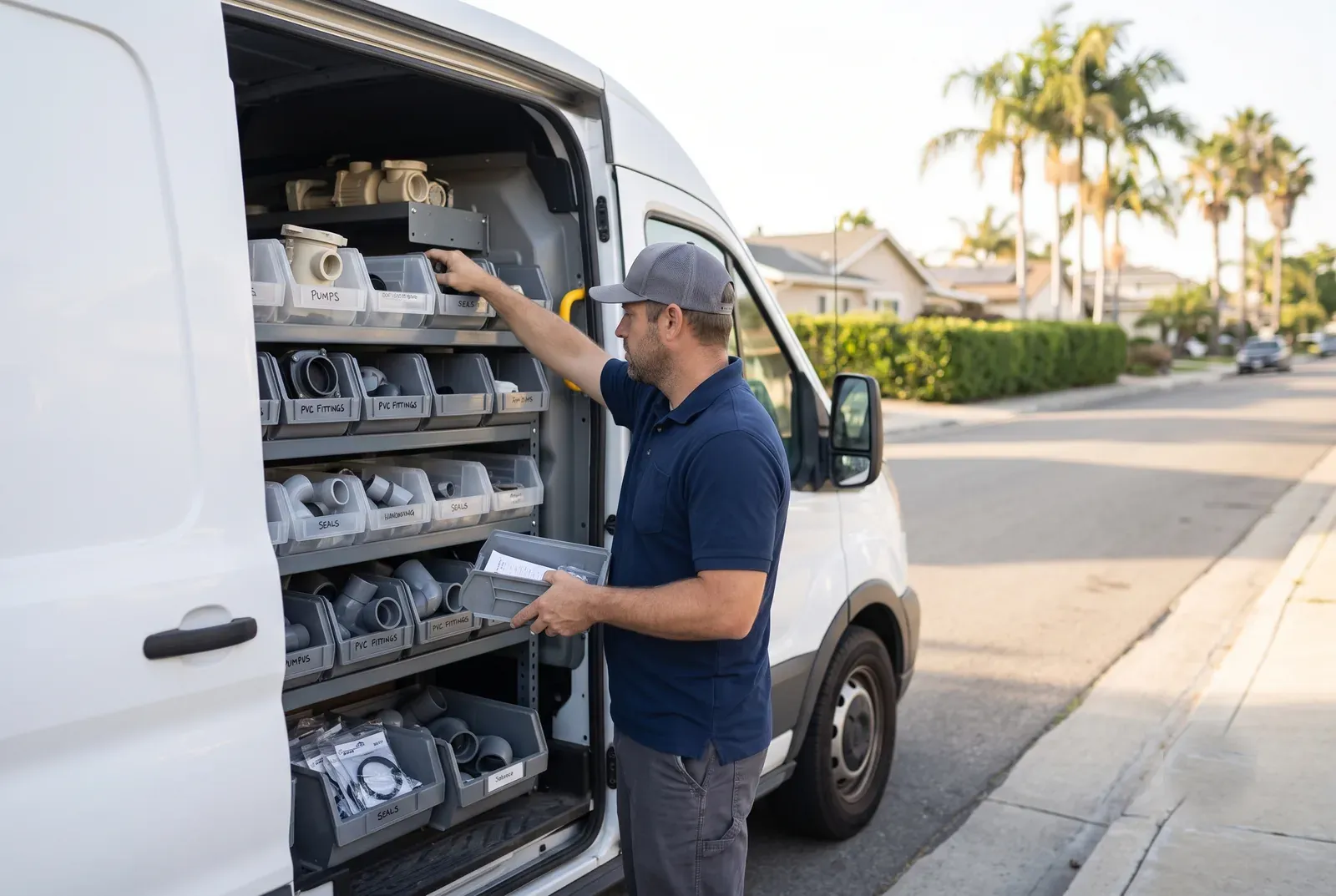San Diego Hot Tub Repair technicians organizing labeled spa parts bins at their service van
