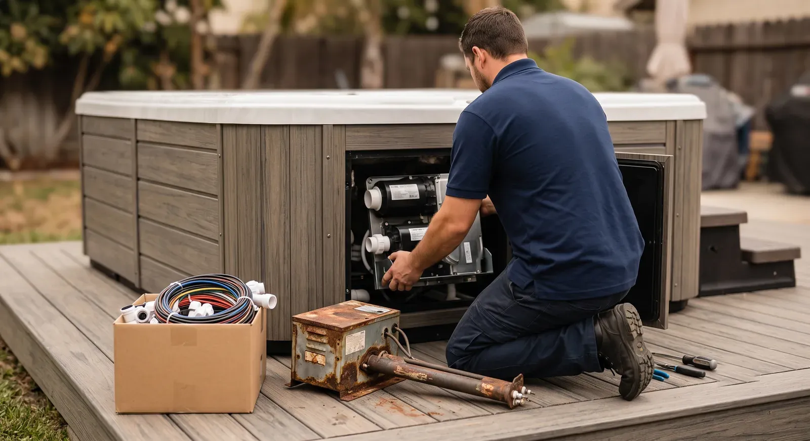 Old corroded spa pack removed on the deck while a technician installs a new control system in an above-ground hot tub