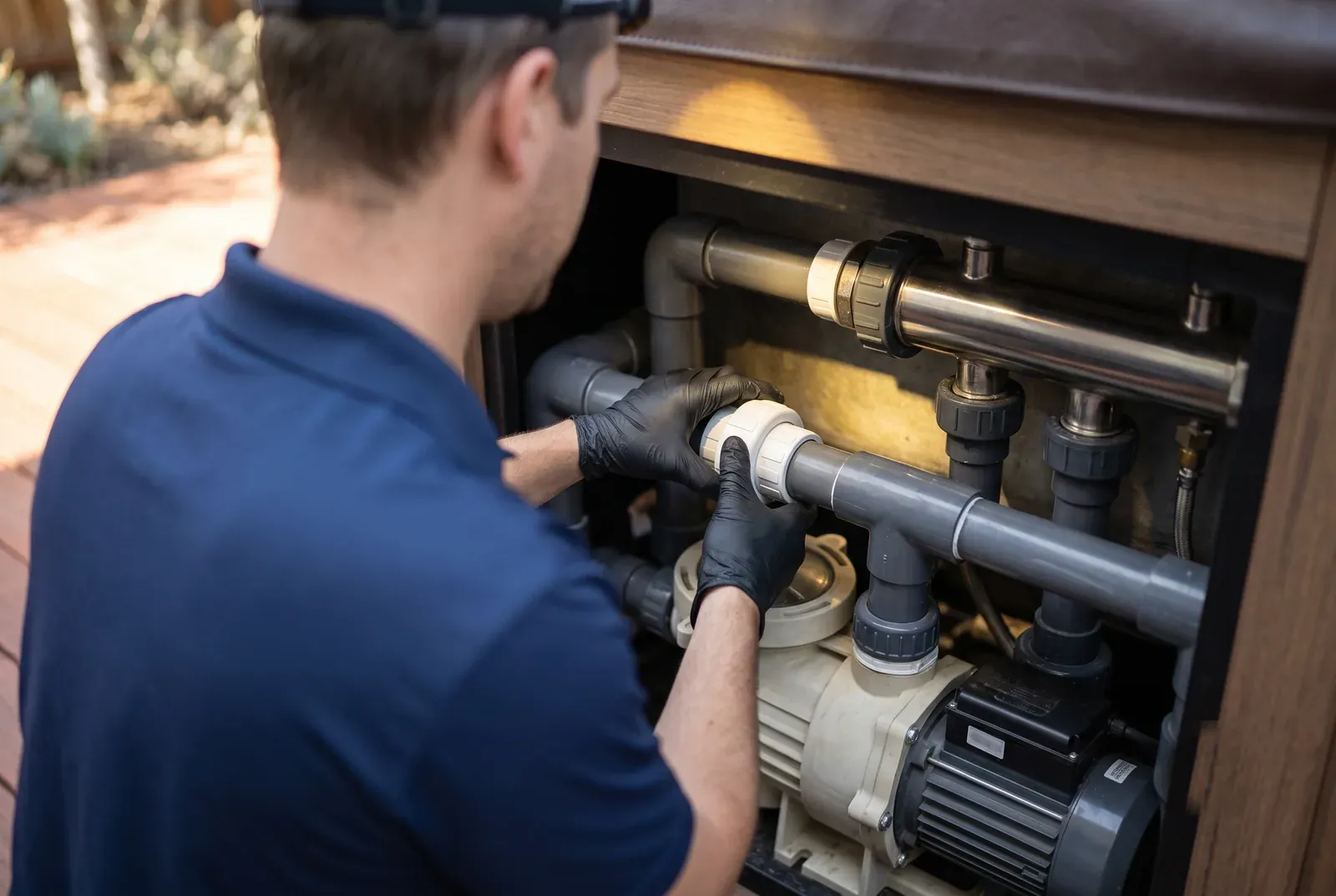 Technician connecting plumbing inside the equipment bay of an above-ground hot tub